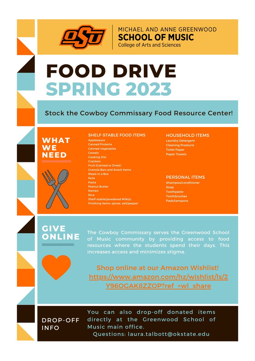 Food insecurity affects nearly 40% of college students, meaning they don't know where their next meal will come from. Help us stock the Cowboy Commissary Food Resource Center by donating directly to the Greenwood School of Music Amazon wishlist in our link in bio!
#OKStateMusic
