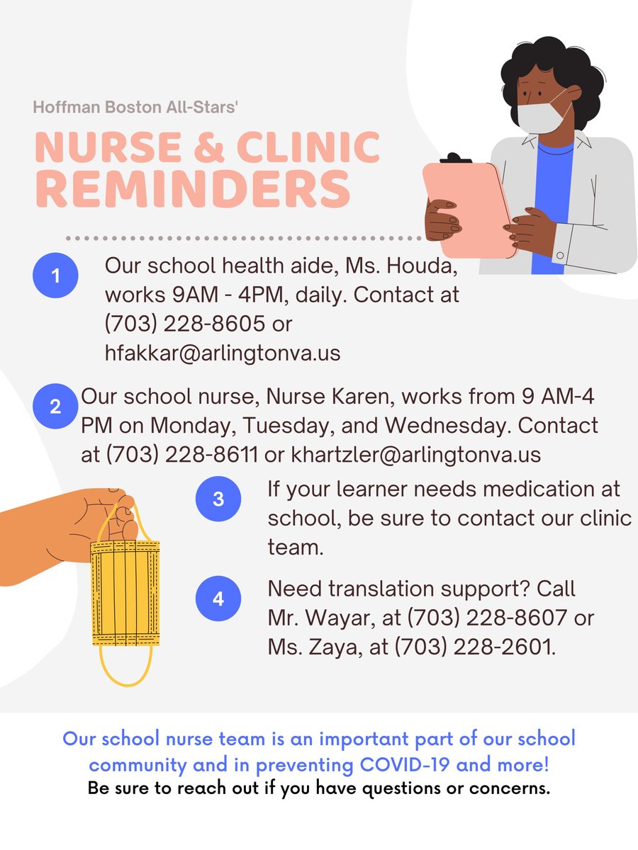 Did you hear about our clinic? We welcomed Nurse Karen earlier this school year! Ms. Houda is still serving our <a href="/HFBAllStars/">Hoffman Boston Elementary School</a>, and both welcome families to reach out as needed! See the contacts below, including if you have language support needs. #HFBTweets
