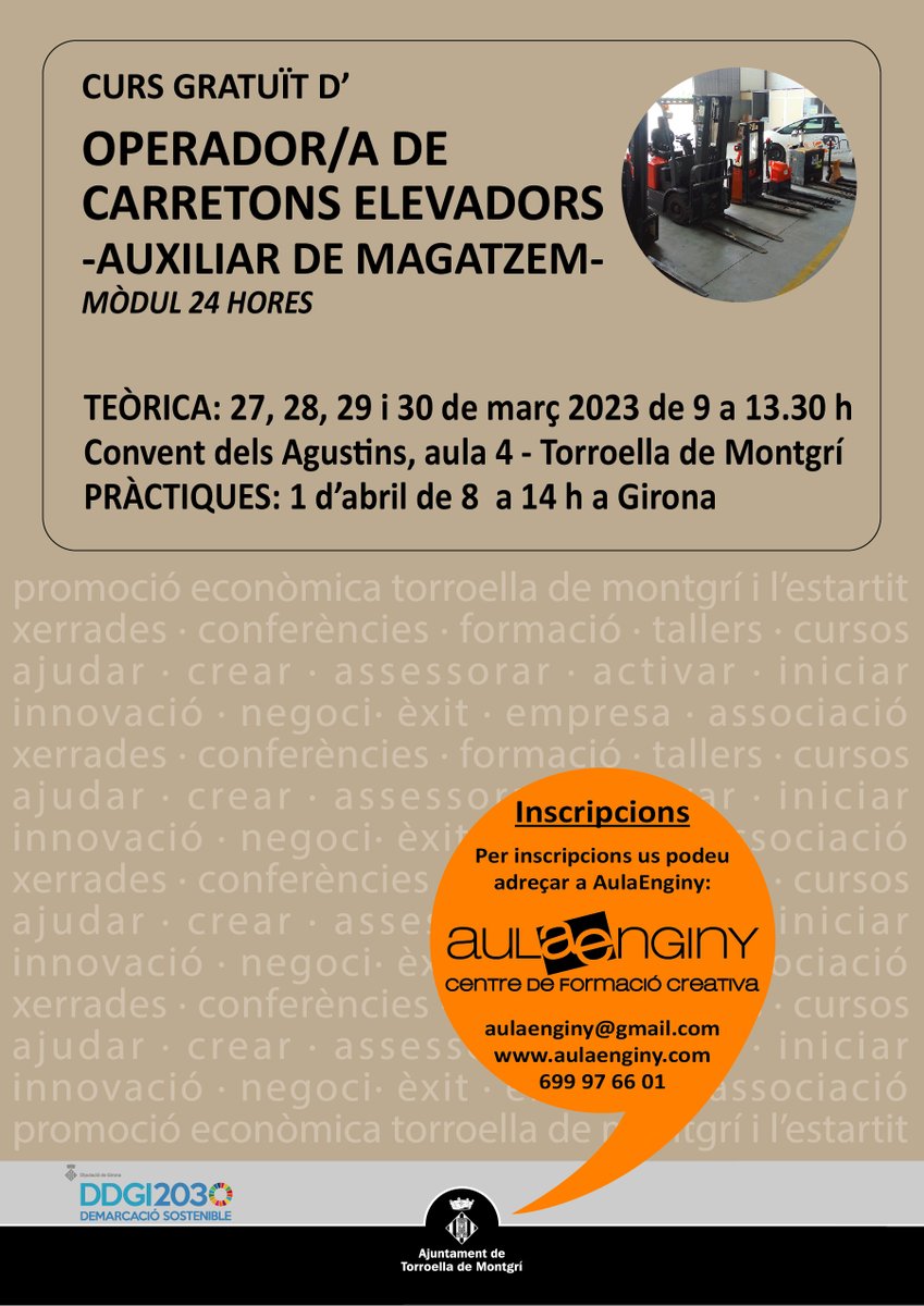 aulaenginy's tweet photo. CURS GRATUÏT D’OPERADOR/A DE CARRETONS ELEVADORS -AUXILIAR DE MAGATZEM- (MÒDUL 24 HORES)
Organitzat per l' Ajuntament de Torroella de Montgrí amb la col·laboració d'Aulaenginy. Apunta't-hi!
https://t.co/pi8WhEJ9bY https://t.co/0SK26y3nez