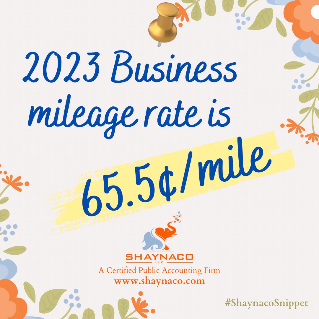 Shaynaco_LLC's tweet photo. 2023 mileage rates are higher than 2022. 
65.5¢ Business
22¢ Medical and Moving
14¢ Charitable
Questions? 
As part of our services, we can help you understand rules for auto expenses. 

#ShaynacoSnippet https://t.co/wCf4NNPEmI