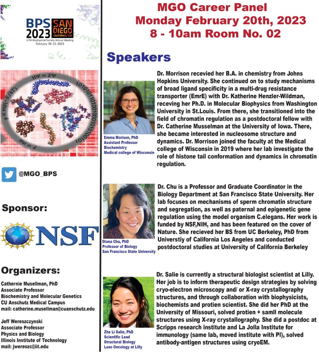 MGO_BPS's tweet photo. Next week at @BiophysicalSoc meeting, the Multiscale Genome Organisation subgroup hosts a number of exciting events! We will have a career panel supported by @NSF as well as sessions with invited speakers and junior scientists selected for travel awards. Stay tuned for more info! https://t.co/mK23xeVwa4