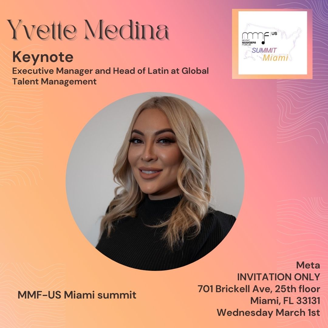 .<a href="/yvettemedina_/">Yvette Medina</a> will be the Keynote Speaker at the @mmfus Miami Summit, an invitation only event at Meta on Wednesday, March 1st.

Thanks to our sponsors <a href="/SoundRoyalties/">Sound Royalties</a> 
with <a href="/beatBreadfunds/">beatBread</a> <a href="/SoundExchange/">SoundExchange</a> <a href="/MLC_US/">The Mechanical Licensing Collective</a> 
<a href="/ASCAP/">ASCAP</a> <a href="/Meta/">Meta</a>