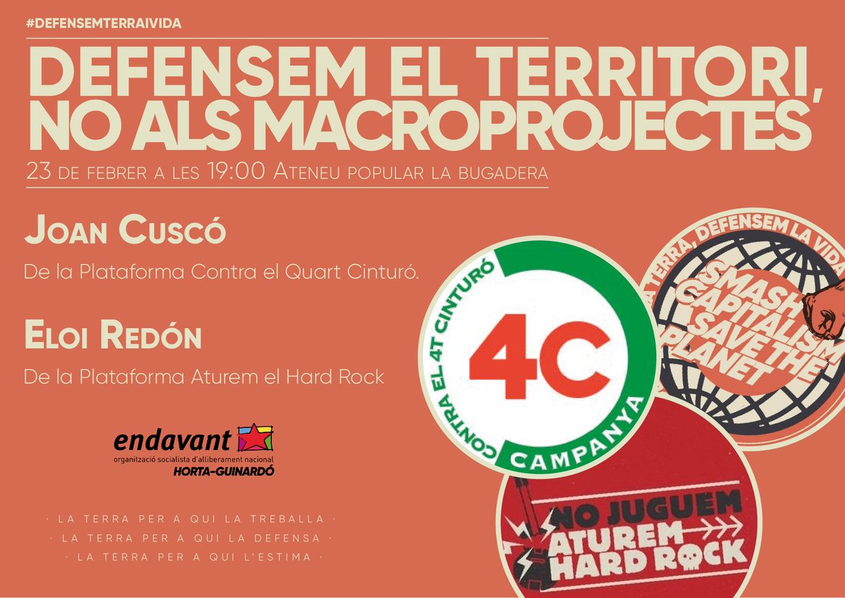 🗣️Xerrada: DEFENSEM EL TERRITORI, NO ALS MACROPROJECTES

🗓️📌23 de Febrer a les 19:00h, a <a href="/La_Bugadera/">Ateneu Popular La Bugadera</a> 

Amb:
➡️Joan Cuscó: portaveu de la Plataforma contra el Quart Cinturó <a href="/Campanya_ccqc/">Campanya Contra el 4t Cinturó</a> 
➡️Eloi Redón: portaveu de la Plataforma Aturem el Hard Rock <a href="/AturemHardRock/">Aturem Hard Rock</a> 

Veniu-hi!