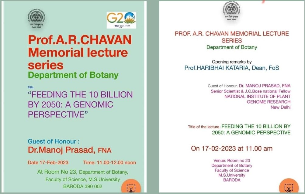manoj_prasad70's tweet photo. Stay tuned for my talk on 'Feeding the 10 billion by 2050: A Genomics Perspective' on February 17, 2023 at Dept. of Botany, MS University, Baroda. To know more about my talk:
https://t.co/cdktQK9qCy
https://t.co/11G99dAXC2
#IYM2023 #millets #rice #underutilizedcrops #nutrition https://t.co/D2rASHw4fb