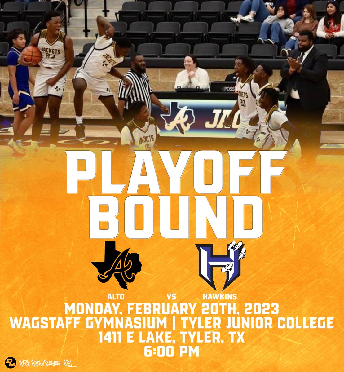 🏀PLAYOFF INFORMATION🏀

🆚 Hawkins
📍Wagstaff Gymnasium | Tyler Junior College
1411 E Lake St, Tyler, TX 75701 
⌚️6:00 pm
🎟: $4 for adults $3 for students
Alto will be the visitor

#DTS #GoldStandard #LLV
