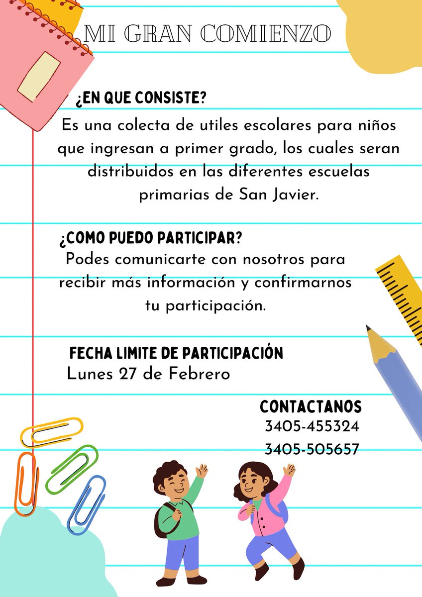 tomii_saba12's tweet photo. Mi Gran Comienzo
   Para niños que ingresan a primer año en las diferentes escuelas primarias de San Javier.
Su difusión será de gran ayuda❤ https://t.co/Gp67fSkPEX
