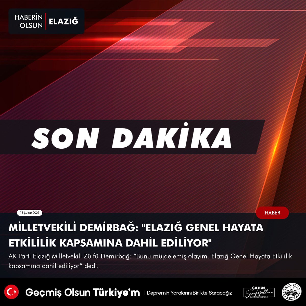 AK Parti Elazığ Milletvekili Zülfü Demirbağ: “Bunu müjdelemiş olayım. Elazığ Genel Hayata Etkililik kapsamına dahil ediliyor” dedi.

<a href="/zulfudemirbag23/">Zülfü DEMİRBAĞ</a> 
#Elazığ