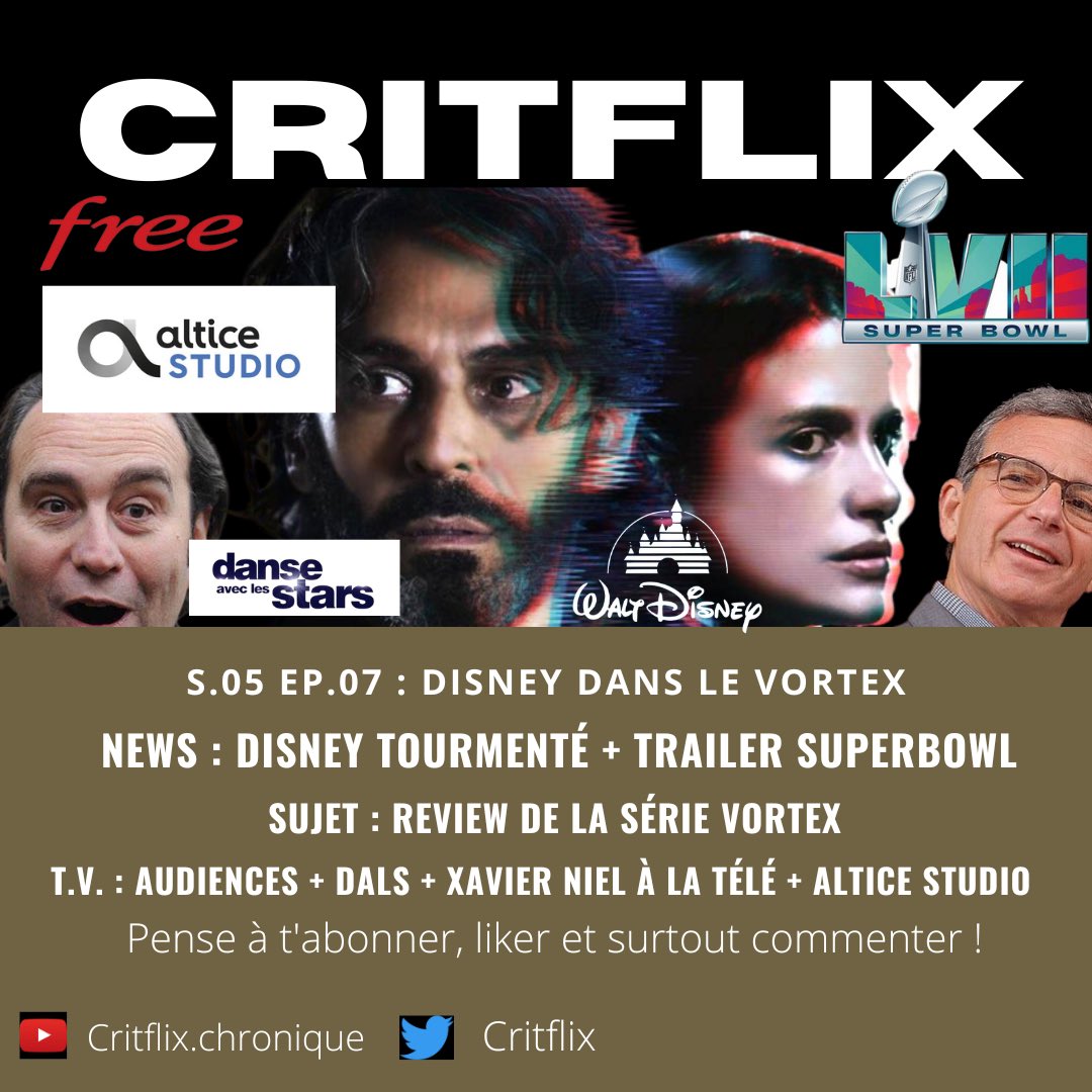 critflix's tweet photo. Déjà dispo en audio(et demain en vidéo) notre nouvelle émission est là. #disney #trailer du #SuperBowl2023 et #review de #vortex au programme. On te parle aussi de #dals #xavierniel et son projet de chaîne et de #alticestudio. Bonne écoute ! @France2tv @francetvcinema #audiences https://t.co/DUX23oFxc4