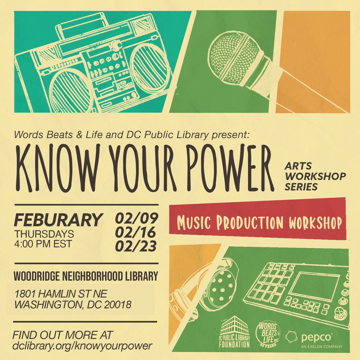 WordsBeatsLife's tweet photo. Come workshop your tracks in this music production program. We're makin' beats &amp; sharing laughs TOMORROW! FREE &amp; OPEN to ALL! 

#wordsbeatsandlife #wbl #knowyourpower #woodridgeneighborhoodlibrary #woodridgeneighborhood #dc #dmv  #dcpubliclibrary #arts #dclibraryteens https://t.co/gJVDAVwrYW