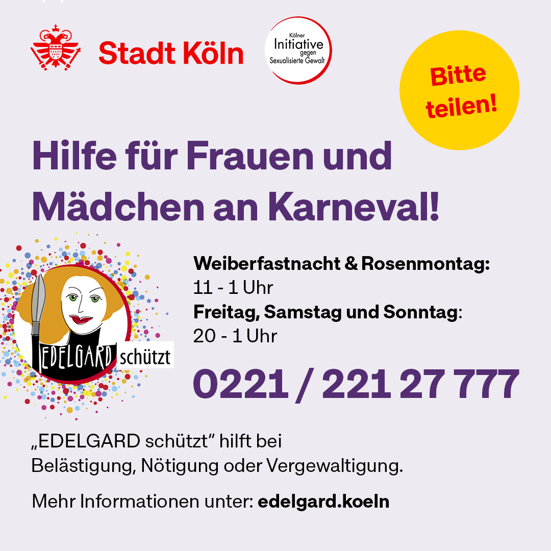 Koeln's tweet photo. An Karneval kommt es immer wieder zu Übergriffen. Wenn du oder deine Freunde Opfer von Belästigung, Nötigung oder Vergewaltigung werdet, dann meldet euch bei unseren Berater*innen. Sie hören zu und besprechen mit euch die nächsten Schritte! ▶️ ⁣https://t.co/DQ9MHKDAoK https://t.co/3wgdKCPTfB