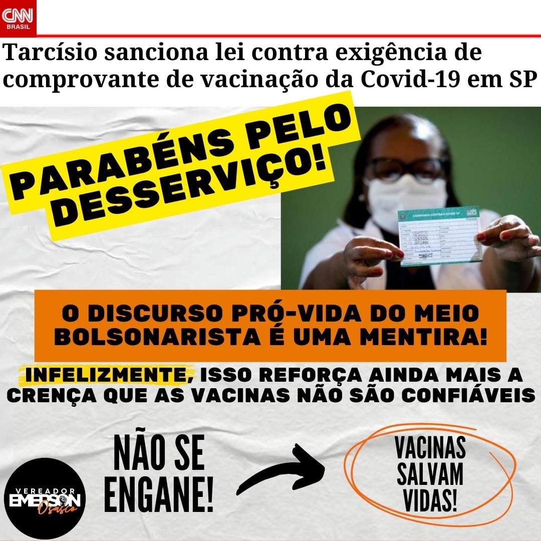 Enquanto comemorávamos o 1° dia sem mortes por Covid no país, o desgovernador na calada mandava essa.

Tirar a obrigatoriedade É SIM, apoiar o negacionismo. 

Mandamos um despresidente embora, mas ficou um desgovernador.   

VACINA SIM! 

#vacina #covid #tarcisio #saopaulo