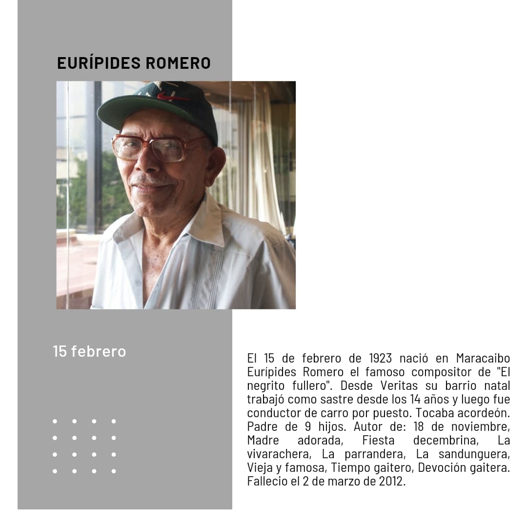 Tiamoraradio's tweet photo. Hace 100 años, un día como hoy, nació en Veritas don Eurípides Romero compositor de: El negrito fullero, Fiesta decembrina, 18 de noviembre, Vieja y famosa, La vivarachera. Falleció el 2 marzo del 2012. #Maracaibo #natalicio #centenario https://t.co/pFmscoCN6X