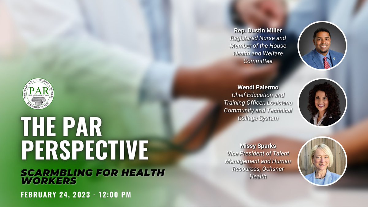 PARLouisiana's tweet photo. Industry professionals and policymakers will be available to answer your questions about the current healthcare workforce situation during PAR's next webinar on Feb. 24. Register below! #lalege #lagov 

🗓 Feb. 24
⏰ 12:00 pm
💻 https://t.co/WM7fETbT9j https://t.co/EzE649teLa