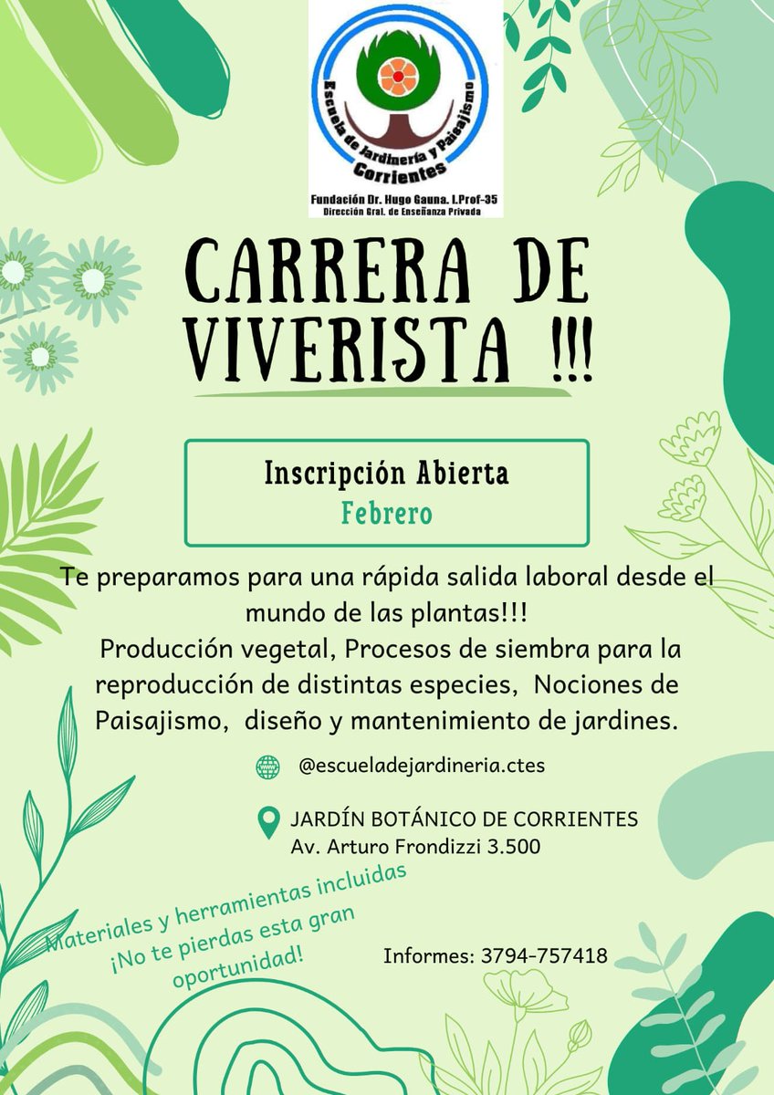 No tengo muchos seguidores , pero por ahí llega está info a alguien que quiera . 
Carrera de viverista en corrientes! En el jardín botánico de la ciudad. Una carrera con salida laboral segura. 
Si sabían que tenemos jardín botánico verdad ?! 
Yo tampoco sabía hace unos años 😉