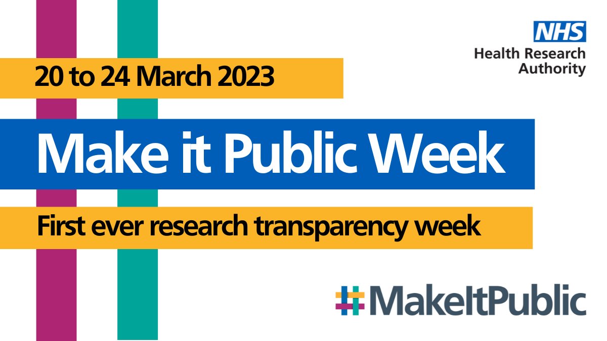 HRA_Latest's tweet photo. We’re holding the UK's first ever dedicated research transparency week!🎉

Make it Public Week runs from 20 to 24 March and will bring the research community together to share best practice in research transparency.  

Book your free space➡️ https://t.co/ToIoH0ObIn

#MakeItPublic https://t.co/SYa1vOmQJM