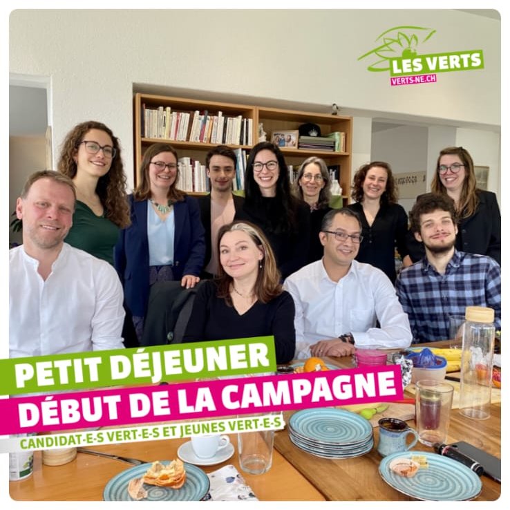 Ce lundi, les candidat-e-s de la liste <a href="/VertsNE/">Les Verts NE</a> et de la liste <a href="/JeunesVertes/">Jeunes Vert•e•x•s Suisse</a> neuchâtelois-e-s se sont retrouvé-e-s chez moi pour un petit déjeuner convivial. Quelle chance d'avoir pu passer ce moment en compagnie de toutes ces personnes dynamiques et résolument écologistes !