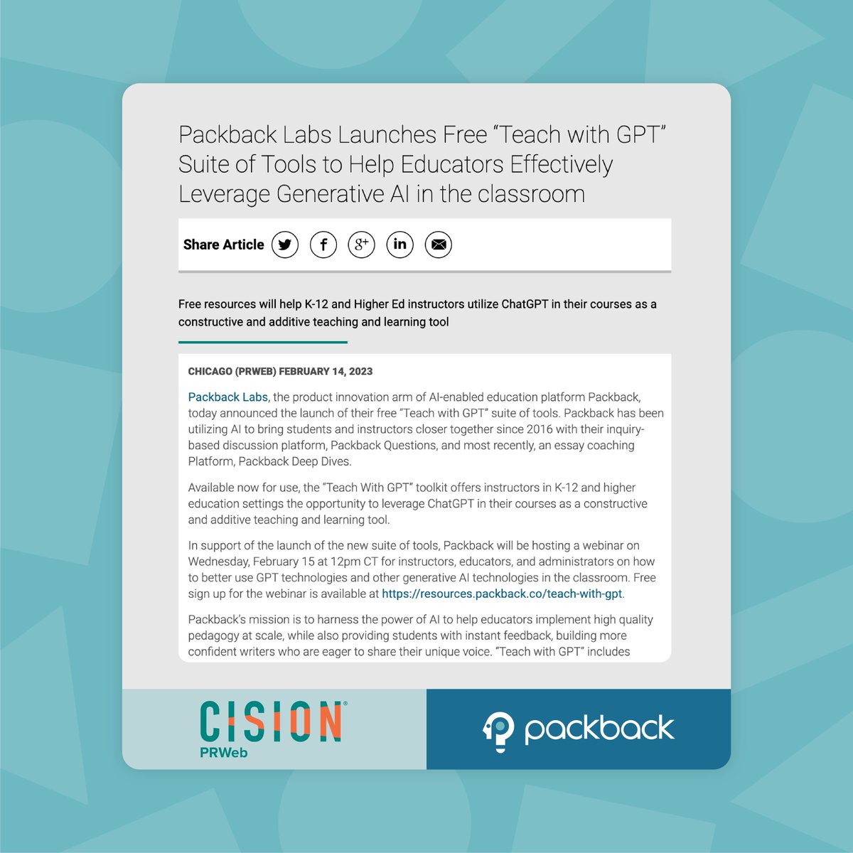 packbackco's tweet photo. Produced by Packback Labs, these four unique tools are designed for educators to incorporate generative AI like #ChatGPT into their classrooms in productive and meaningful ways.
Read more about “Teach with GPT” here: https://t.co/WxSsz0ml9C
#AI #HigherEd #EdTech #Webinar https://t.co/v3SghFv2cW