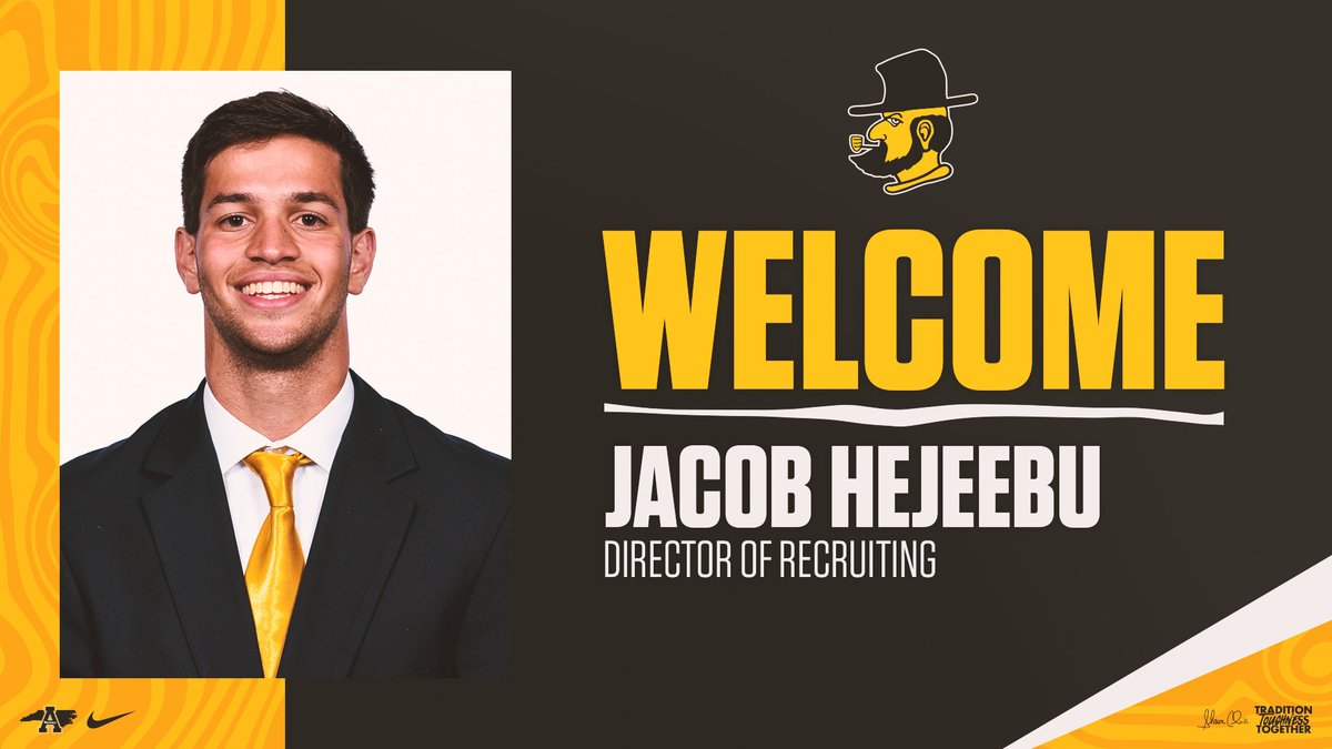 #AppNation, please welcome our new Director of Recruiting, <a href="/CoachHeej/">Jacob Hejeebu</a>! 

He comes to Boone after serving on the football staffs at Texas and Georgia Tech.

#GoApp