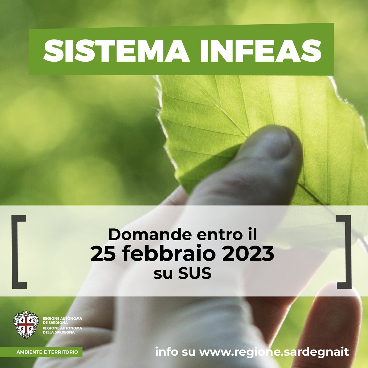 Reg_Sardegna's tweet photo. #SardegnaAmbiente online l'avviso per il rafforzamento del sistema #INFEAS
⌛️La domanda può essere presentata dai CEAS accreditati e non accreditati della Sardegna.
Maggiori info👇
https://t.co/puxFTvb1wn https://t.co/SyMSyud1zv