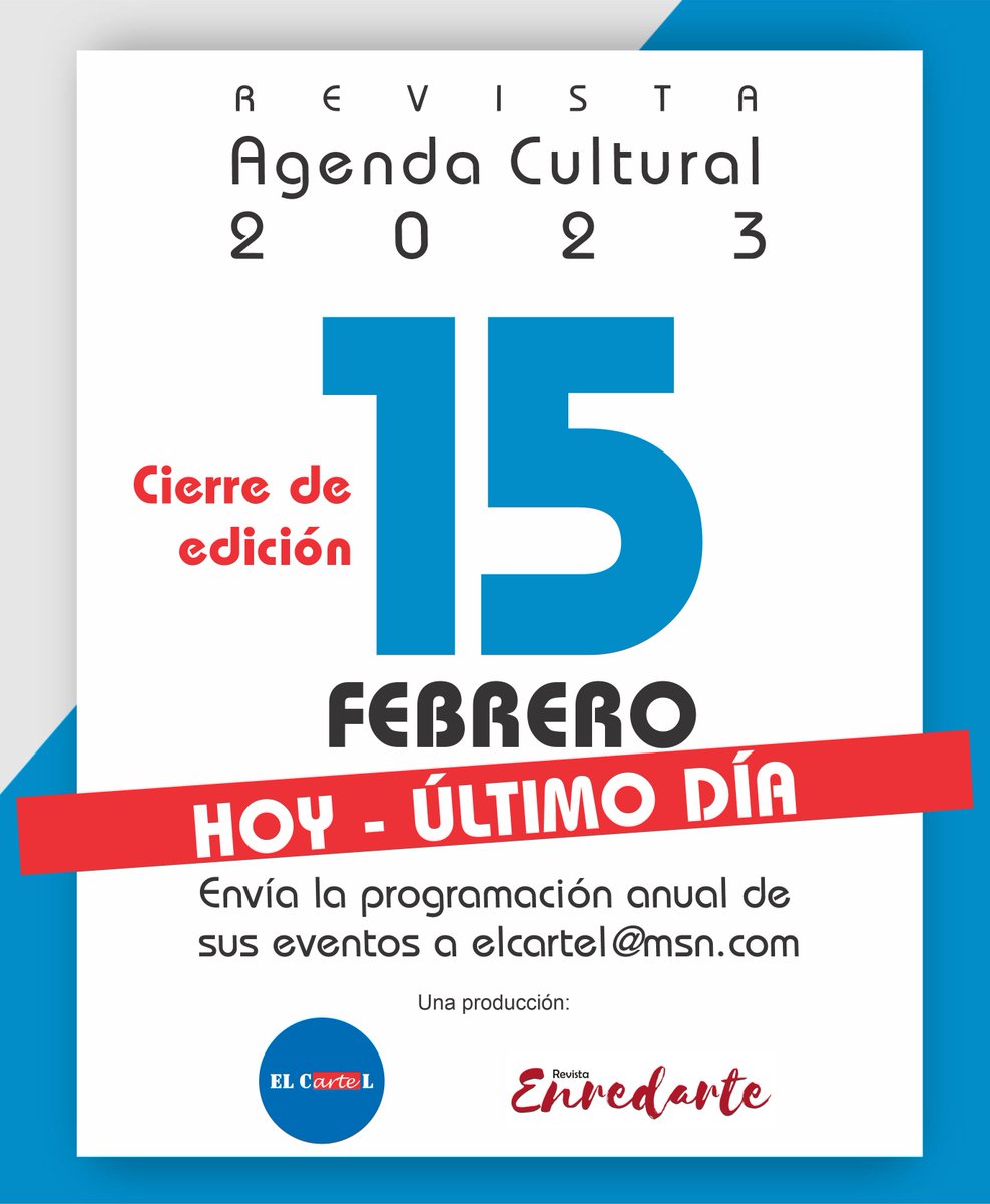 #HOY #UltimoDía para enviar la programación de sus eventos culturales 2023 para ser incluidos en la revista anual de la Agenda Cultural de Bucaramanga Metropolitana.
 
Entidades y programadores pueden enviar sus programaciones a: 
elcartel@msn.com
