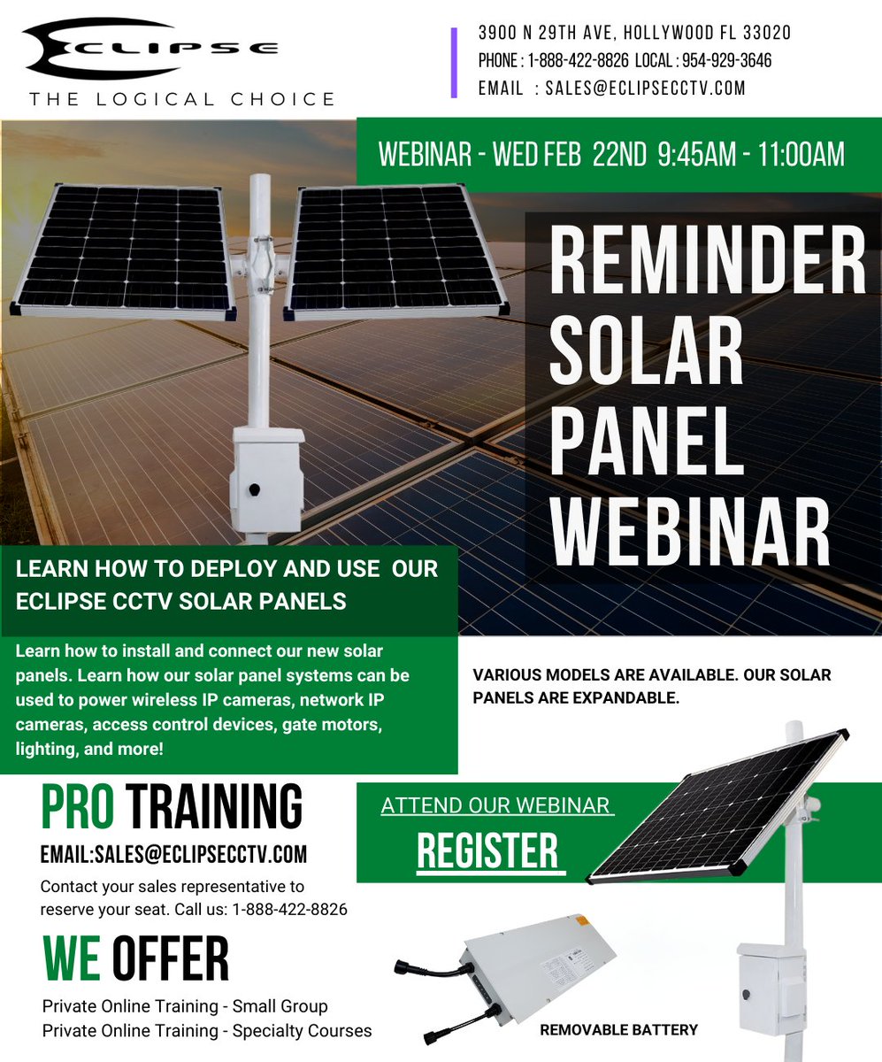 eclipsecctv's tweet photo. Reminder, our solar panel webinar is next week. Learn how to install and connect our new solar panels. #solar #cctvsolar #surveillance #securitycameras #eclipsecctv https://t.co/sXDZAjvABY https://t.co/axp4smPJfQ