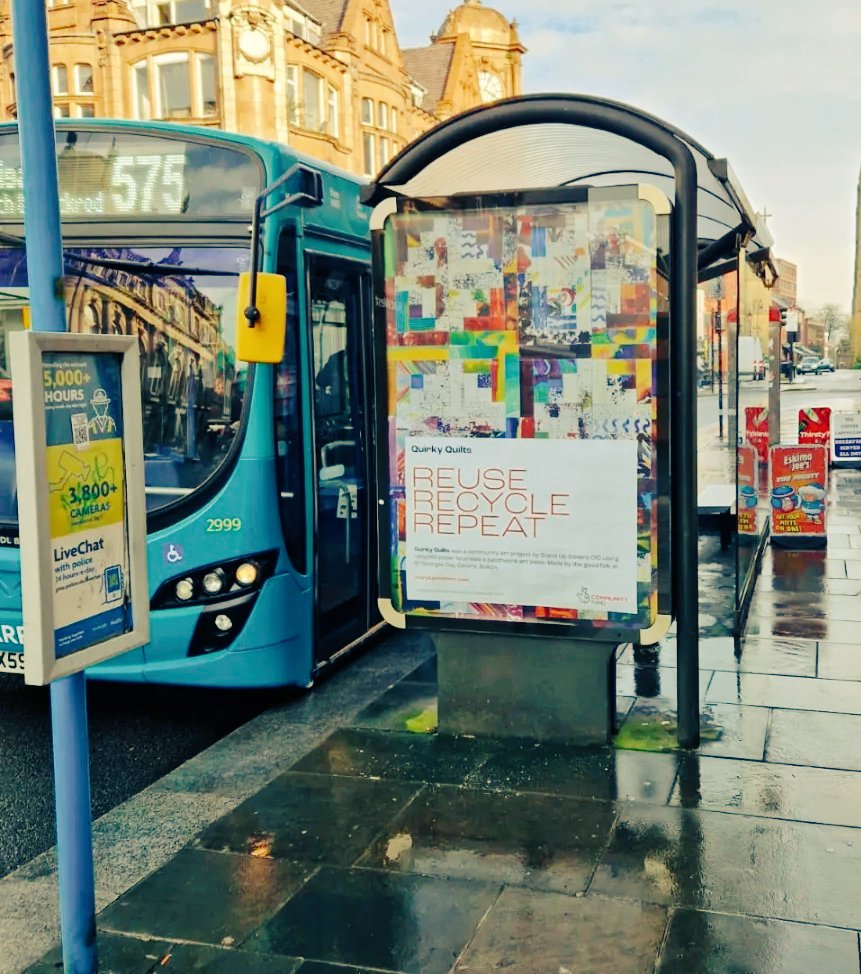 StandupsistersC's tweet photo. Billboard of a quilt made of recycled paper with an eco message by the folks @GeorgesLtd thank you to all involved in the project and to our funders @TNLComFund #awardsforall https://t.co/ooPyjSSe4E