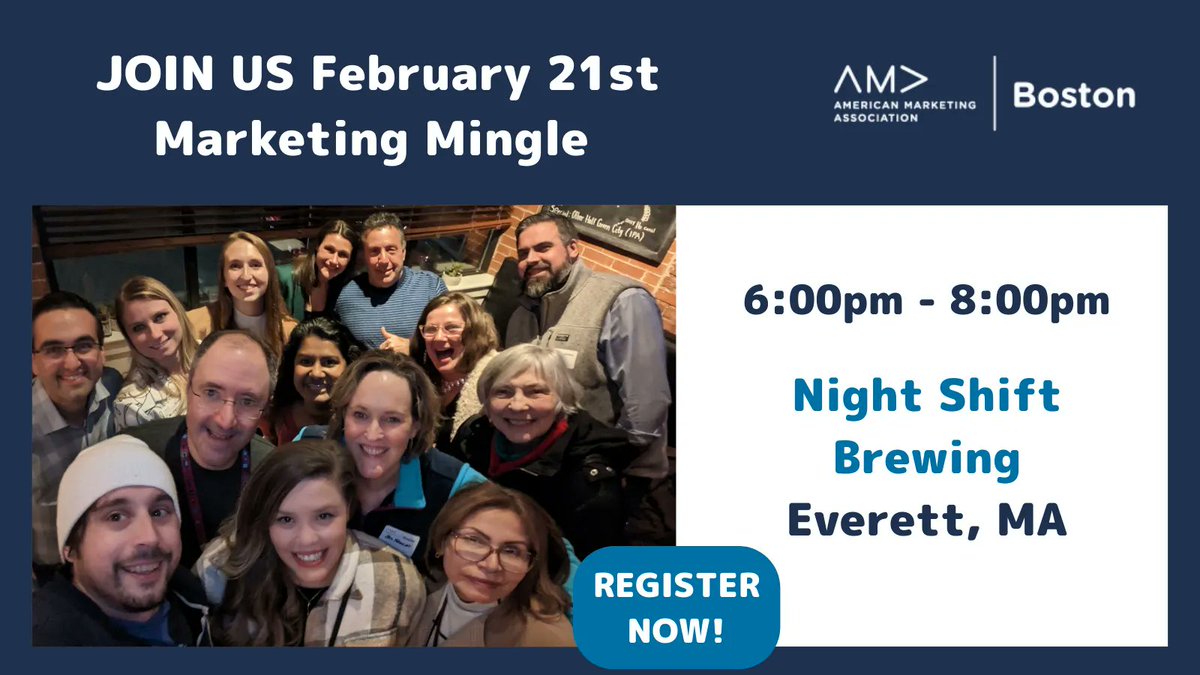 amaBoston's tweet photo. Join us for our next #MarketingMingle at Night Shift Brewing in Everett!
Weβll be getting together for a fun #networking event, mixing business with pleasure.
Just make sure to register here:
https://t.co/vY35Gq5Z5e
We can't wait to see you there!
- SK
#AMABoston https://t.co/ZhcXoHH0wH