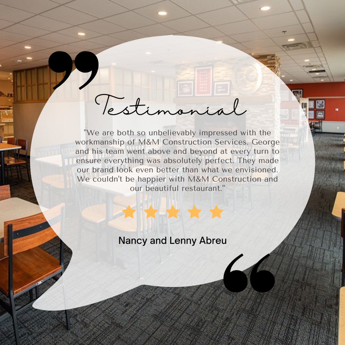 MandMCS's tweet photo. Thank you for the kind words! For service that exceeds your expectations, contact M&amp;M Construction Services today!

#constructionlife #restaurantconstruction https://t.co/2D97oj9acM