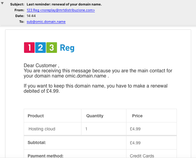 Stay safe out there! Always double check messages which appear to be asking you to take action now. This fake email purports to be from our domain name registrar <a href="/123reg/">123 Reg</a>. It isn't. It's a scam. 🤑 If you ever doubt a message's validity, *always* check it with someone you trust.