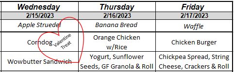 We hope all our students enjoyed their Valentine snow day!  Due to the missed day, we have changed the Elementary menu for the rest of the week - see below for the changes.  Have a great day!