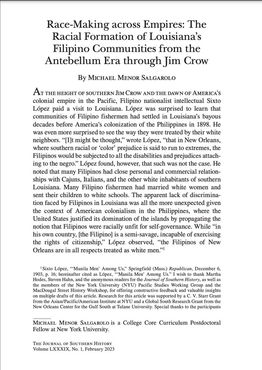 My article on race-making and empire in Filipino Louisiana is now available online @JourSouHist!!