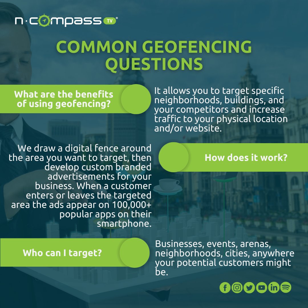 NCompassTV's tweet photo. Are you curious about geofencing? 🤔

We've compiled a list of the most common questions we hear from our clients. 👇 https://t.co/L02qaheMcX