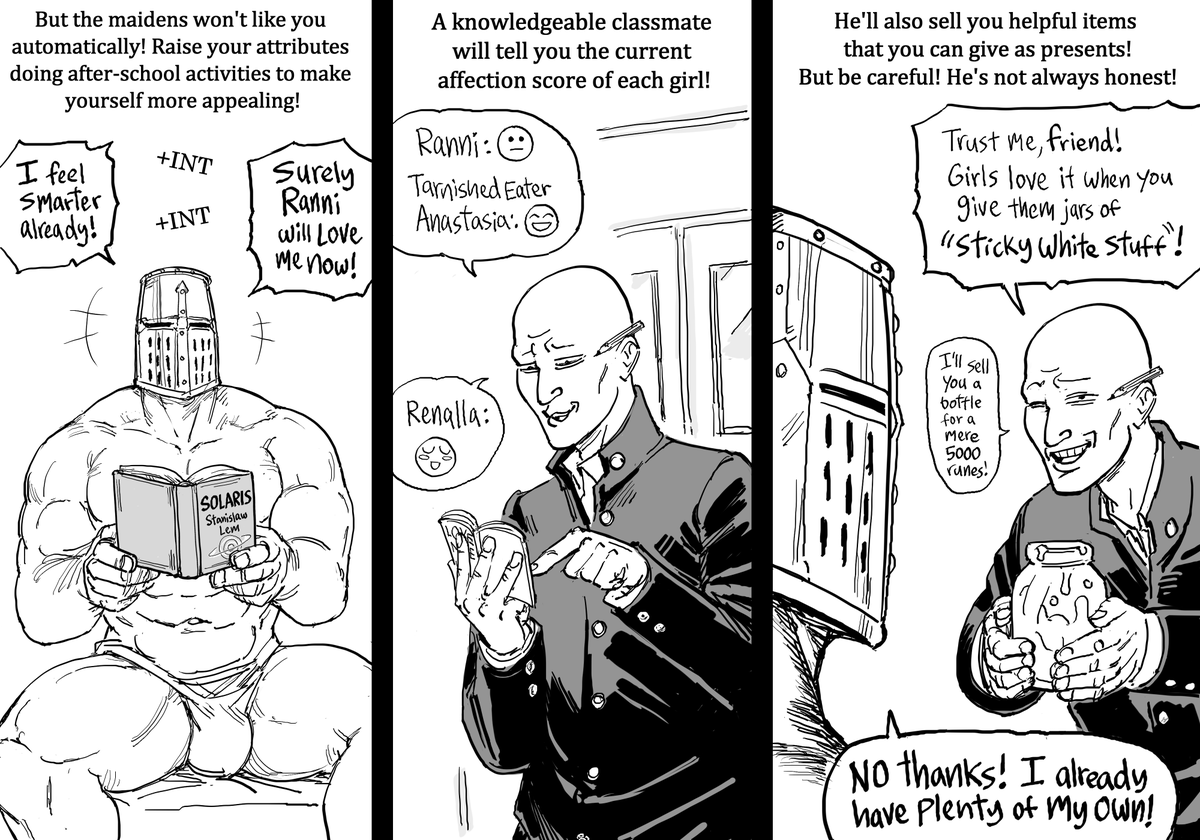 Patreon request: Elden Ring dating sim

FROM SOFTWARE HIRE THIS MAN!
(I was planning to get this out for Valentine's Day, but it ending up taking waaay too much time. It didn't help that I started a new playthrough.) 