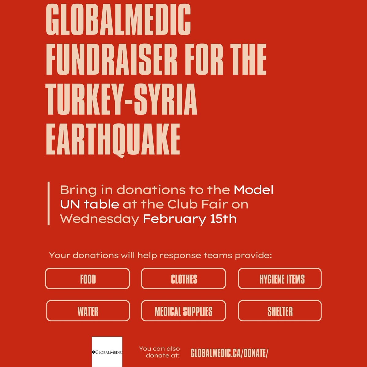 Today is Day 3 of Social Justice Week, and the theme is Equality. The Model UN club is accepting donations in support of the GlobalMedic Fundraiser for the Turkey-Syria earthquake.