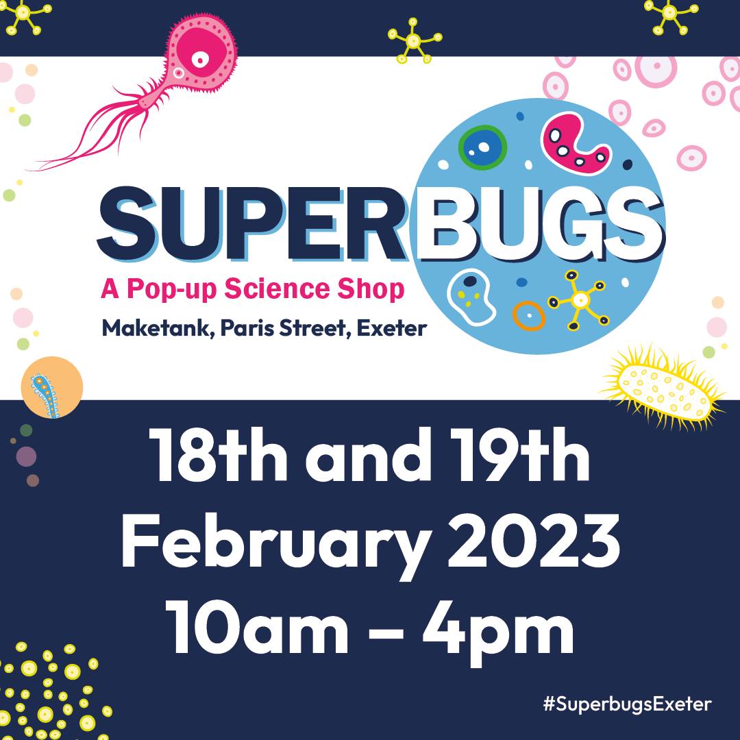 SuperbugsExeter's tweet photo. ⏰Less than 48 hours until the
#SuperbugsExeter event!! ⏰
Superbugs Exeter is a family event, focused on raising
awareness around emerging Antimicrobial Resistance.
#AMR
Venue: @MaketankExeter
Come along to this free event!
@UniofExeter @TREE_UoE @MRCcmm @CUsuperbugs https://t.co/kBl741YvpG