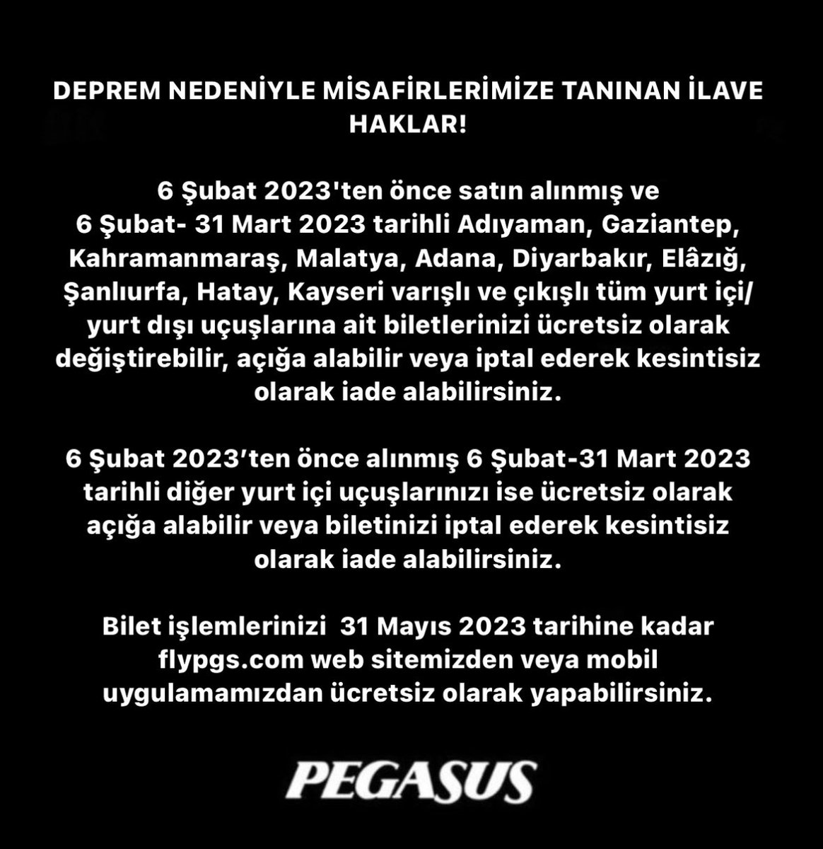 Deprem nedeniyle misafirlerimize tanınan ilave hakları öğrenmek için: flypgs.com/basin-odasi/du…