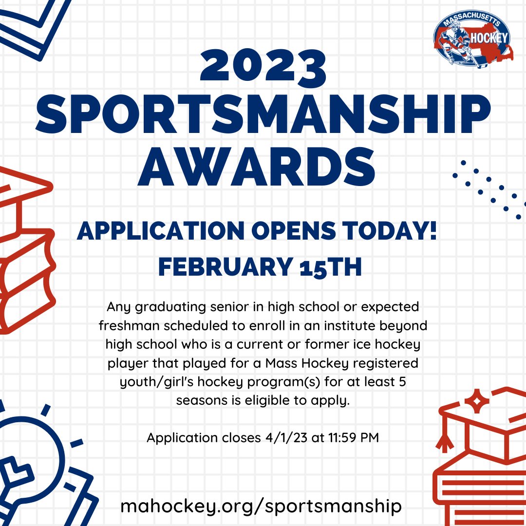 The 2023 Sportsmanship Award Application is now open through April 1, 2023. Learn more about the Sportsmanship Award at mahockey.org/sportsmanship.