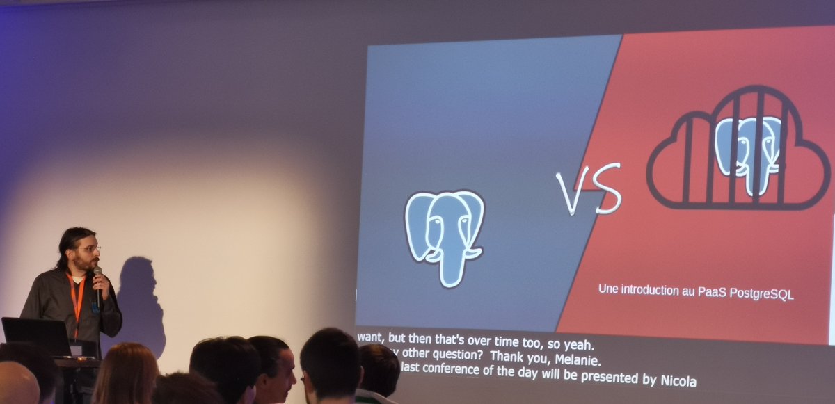 JourdanVirginie's tweet photo. Et pour clôturer la journée en beauté, Nicolas Gollet, de @dalibo nous en dit plus sur PGaaS #PostgreSQL @pgsession https://t.co/aps5ZsBhNp