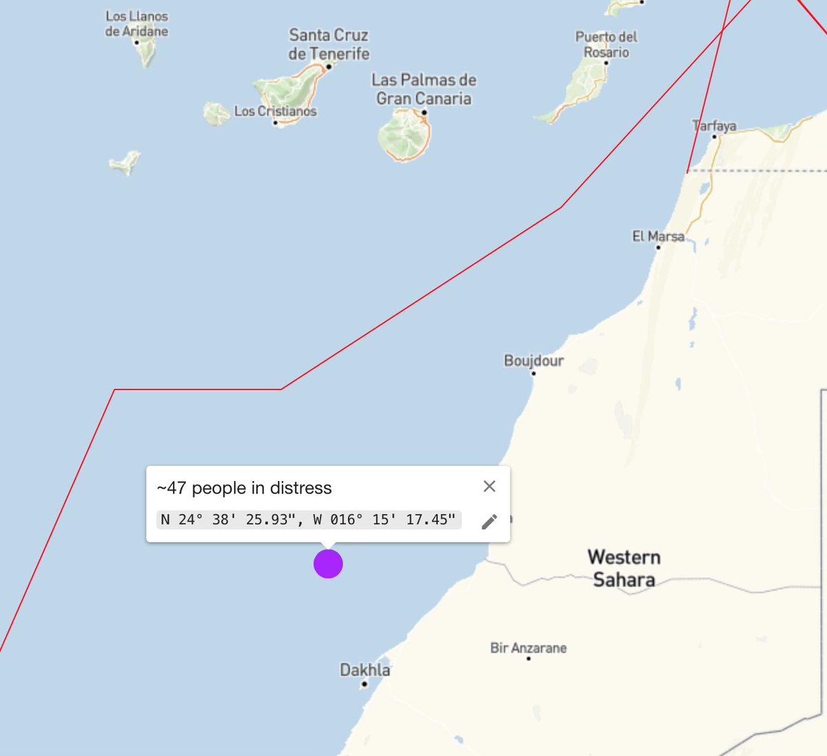 🆘 en el #Atlántico!
Estamos en contacto con 47 personas en peligro que huían a #Canarias.
Salieron de #Dajla hace 3 días en una zodiac. Se encuentran agotadas e informan de una persona sin vida. Hemos informado a <a href="/salvamentogob/">SALVAMENTO MARÍTIMO</a> y confirman operación de rescate en curso.