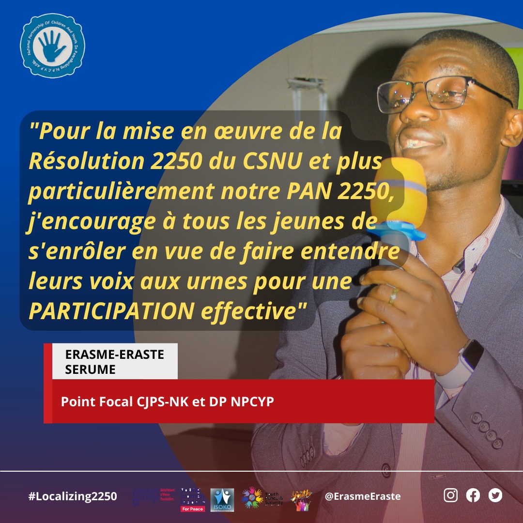 ErasmeEraste's tweet photo. Chers jeunes, ne manquons pas aux rendez-vous, en avant pour arracher notre PARTICIPATION @gnwp_gnwp @wy4psinafrica @fellespaixsec @peace_drc @RDC_JPS
#Localizing2250 https://t.co/B0phXb0K3I