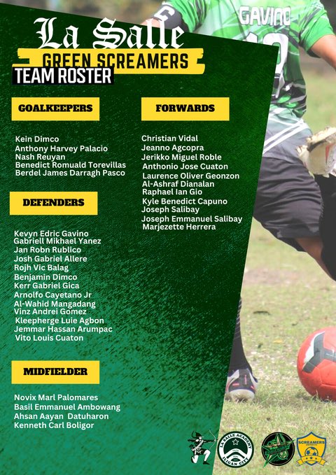 𝐓𝐄𝐀𝐌 𝐑𝐎𝐒𝐓𝐄𝐑 |LA SALLE ACADEMY GREEN SCREAMERS 
Remember the  name of These future animo Lasalle 

#PRISAA | #INTER-PRIVATE | #ICAPES
#ILIGANATHLETICMEET

Support game today at imcc bed