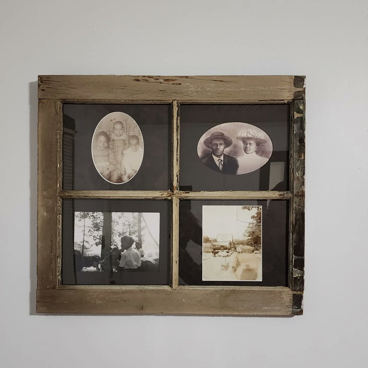FastFrameDurham's tweet image. Another weathered window recycled into art. The original glass was replaced with conservation grade glass to protect these vintage family photos. Visit us at 4015 University Drive, Durham 919-402-9390. #durham #CustomFraming #framing #FastFramedurham