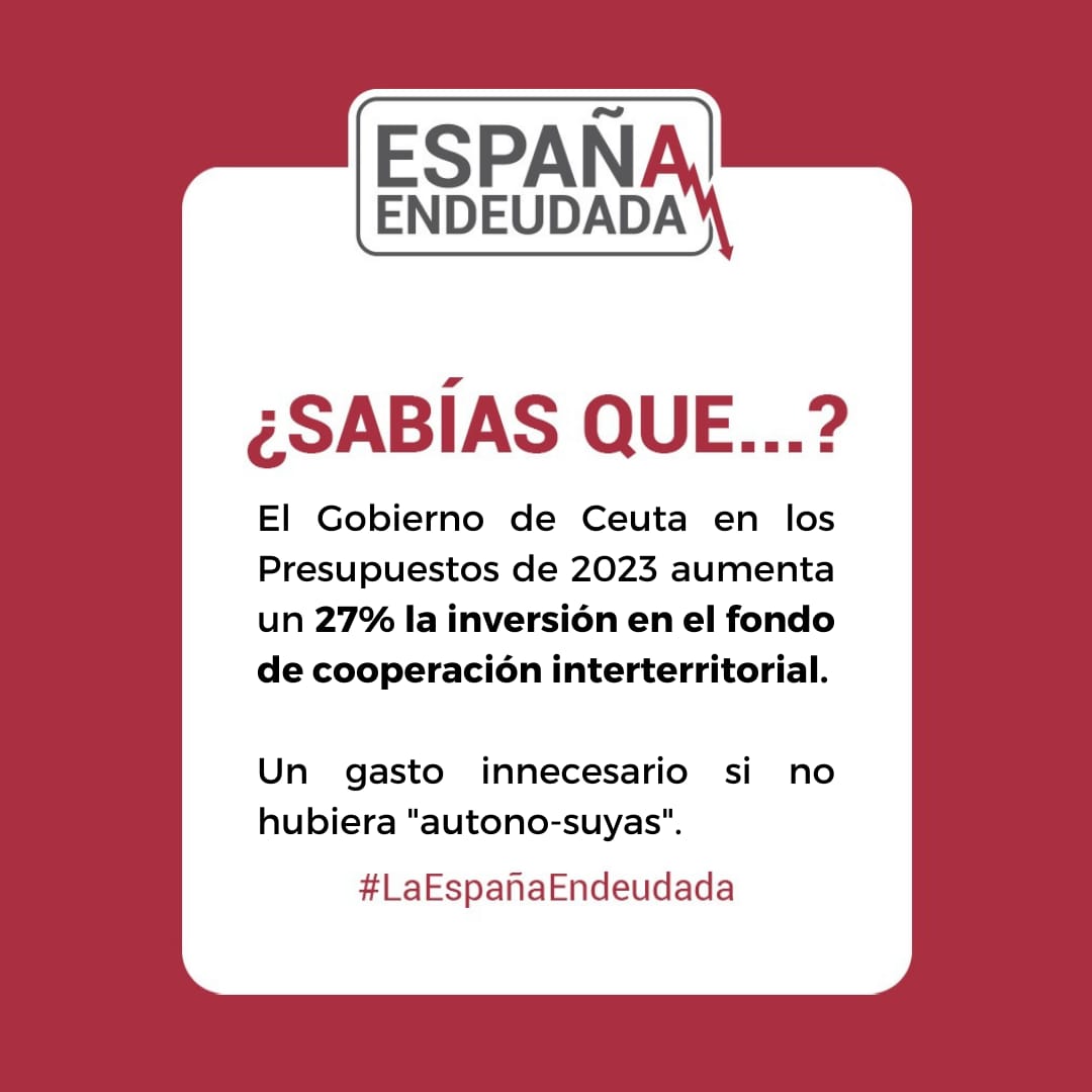espanaendeudada's tweet photo. Consecuencias de las "autono-suyas"

Que el Gobierno de Ceuta presidido por @JuanVivasLara vaya a aumentar en un 27% la inversión en el fondo de cooperación interterritorial.

#LaEspañaEndeudada https://t.co/JeEH33t3fk