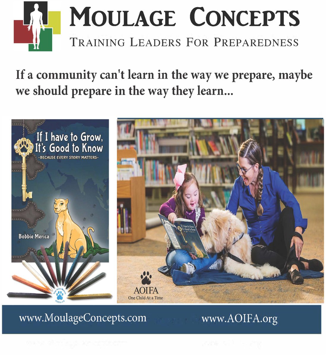 MCI, A/S, Natural Disasters, mental health, PTSD, ACEs. One language, bridging First Responders, Healthcare &amp; their communities in preparedness through simulation &amp; art.
MoulageConcepts.com Training Leaders for Preparedness.
Aoifa.org Every Story Matters

.