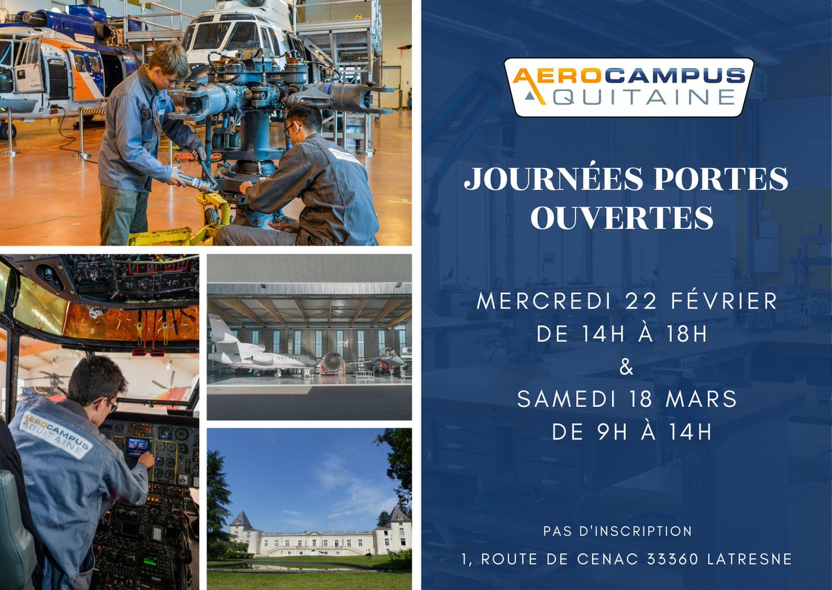 aerocampus_a's tweet image. Ne ratez pas nos #JournéesPortesOuvertes, et l'occasion de #rencontrer nos #formateurs, visiter nos #infrastructures, et poser toutes vos questions ! ✈️

📆 Mercredi 22/02 de 14h à 18h &amp;amp; samedi 18/03 de 9h à 14h

#orientation #jpo #aeronautique #formation
