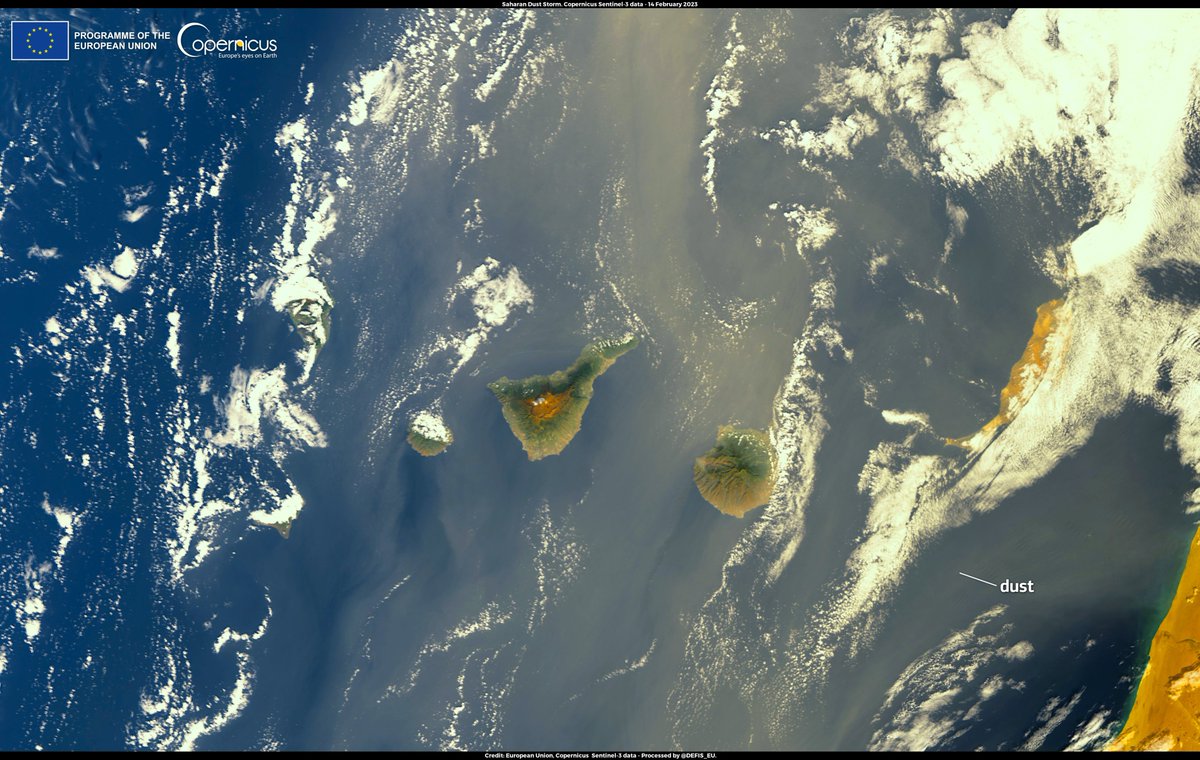 World Meteorological Organization (@wmo) on Twitter photo There is a #SaharanDust storm in the Atlantic.
⬇️#Sentinel3🇪🇺🛰️ shows the skies over the #Canarias Islands 🇪🇸 on 14 Feb.
<a href="/CopernicusECMWF/">Copernicus ECMWF</a> says the dust reached Ireland and is heading to the Arctic.
via <a href="/defis_eu/">EU Defence and Space</a>
More about WMO's work on sand and dust
⤵️bit.ly/3HUrNwQ There is a #SaharanDust storm in the Atlantic.
⬇️#Sentinel3🇪🇺🛰️ shows the skies over the #Canarias Islands 🇪🇸 on 14 Feb.
<a href="/CopernicusECMWF/">Copernicus ECMWF</a> says the dust reached Ireland and is heading to the Arctic.
via <a href="/defis_eu/">EU Defence and Space</a>
More about WMO's work on sand and dust
⤵️bit.ly/3HUrNwQ
