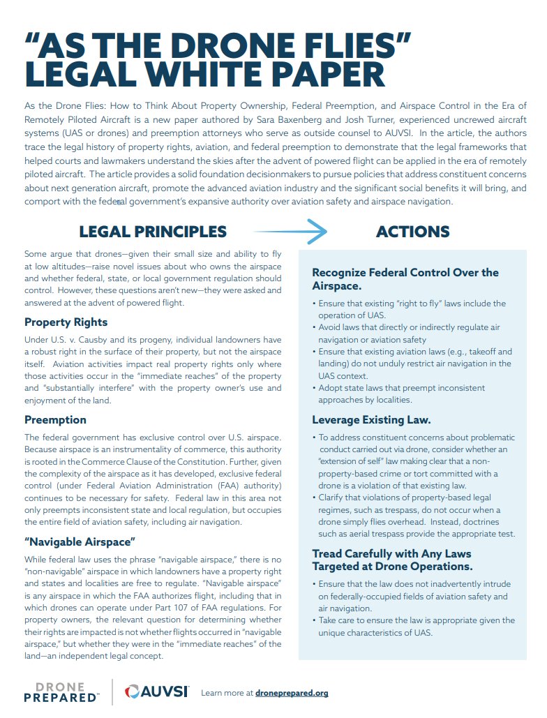 Out today from <a href="/AUVSI/">Association for Uncrewed Vehicle Systems Intl</a>: As the #drone flies legal white paper on property rights, preemption, &amp; airspace rules. Great work by <a href="/shuadc/">no longer here</a> <a href="/sbaxenberg/">Sara Baxenberg</a> <a href="/dronelawpolicy/">Scott Shtofman</a> &amp; AUVSI team. Read more here: droneprepared.org/dronepolicymak… #UAS #DronePrepared