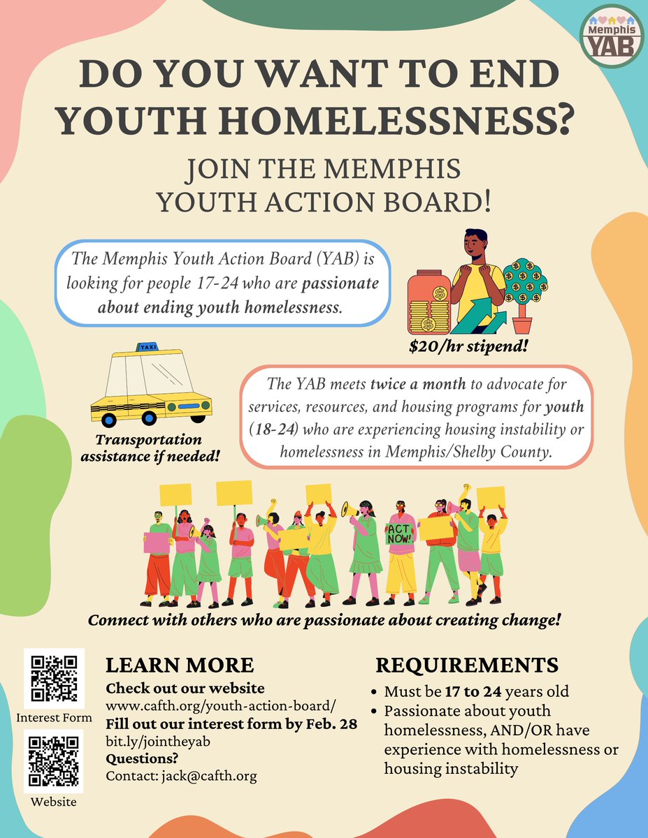 The Memphis Youth Action Board (YAB) is seeking new members (ages 17 - 24) to join the fight to end youth homelessness in Memphis/Shelby County.

Applications close Feb. 28th. Click here to apply: bit.ly/jointheyab