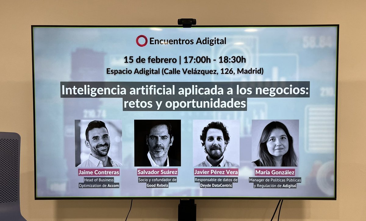 Todo listo para nuestro #EncuentrosAdigital sobre #inteligenciaartificial y negocios!!

Exploraremos los retos y oportunidades de la #IA con:
➡️Jaime Contreras de <a href="/Accom_Digital/">Accom</a> 
➡️<a href="/salvadorsuarez/">Salvador Suarez</a> de <a href="/GoodRebels/">Good Rebels</a> 
➡️Javier Pérez de @DeydeDataCent 

⏰A las 17.00 arrancamos!