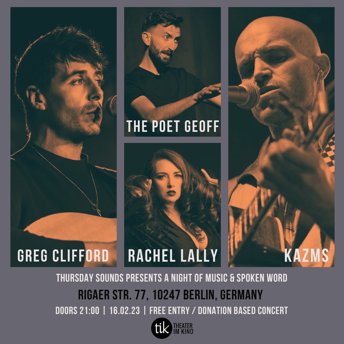 Greg Clifford Music (@gregclifford87) on Twitter photo Tomorrow in Berlin ✌️
21h Theatre Im Kino (Rigaer Str. 77) <a href="/irlembberlin/">Ireland Embassy Berlin</a>
Thursday Sounds presents a night of music and spoken word with 4 Irish artists.
<a href="/KAZMSMUSIC/">KAZMS</a> <a href="/AphroditeSent/">Rachel Lally</a> @thepoetGeoff Tomorrow in Berlin ✌️
21h Theatre Im Kino (Rigaer Str. 77) <a href="/irlembberlin/">Ireland Embassy Berlin</a>
Thursday Sounds presents a night of music and spoken word with 4 Irish artists.
<a href="/KAZMSMUSIC/">KAZMS</a> <a href="/AphroditeSent/">Rachel Lally</a> @thepoetGeoff